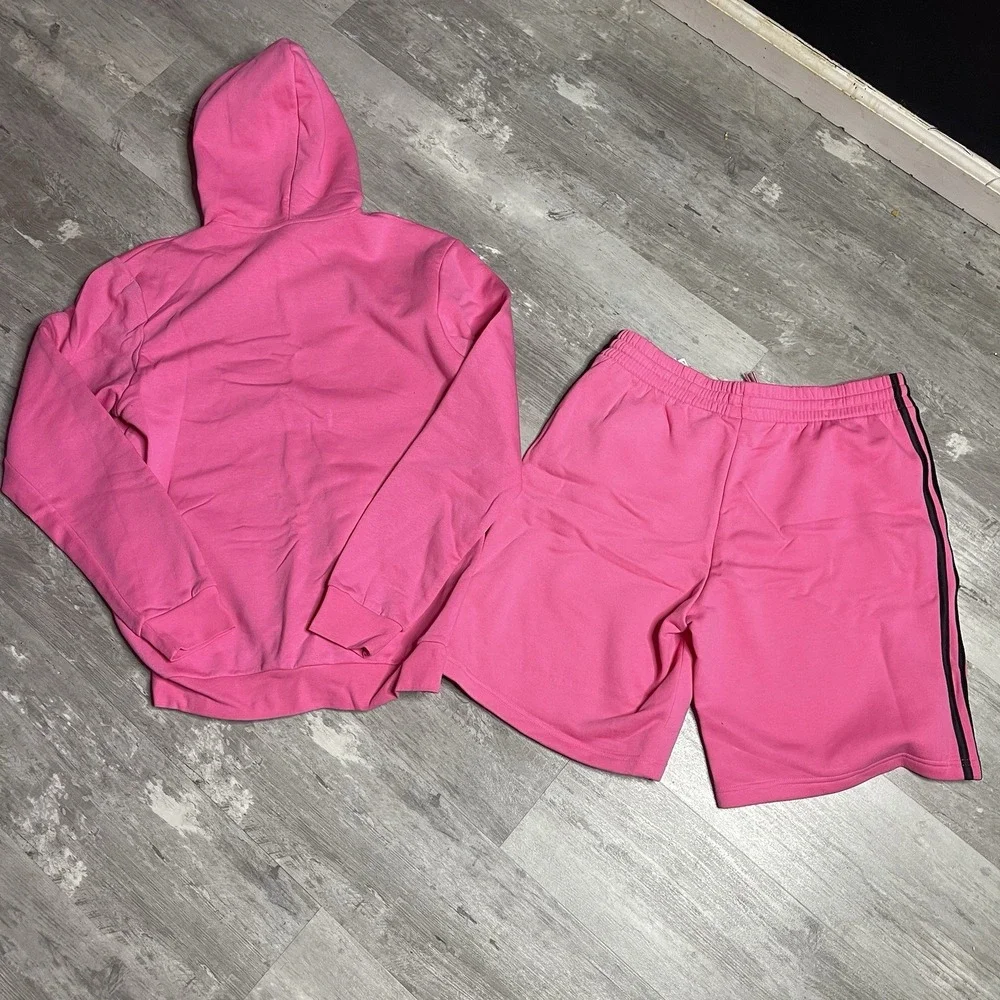 Mens Adidas Fleece Pink/black Hoodie &‎ Sweat Shorts Top Size M Bottom Size L